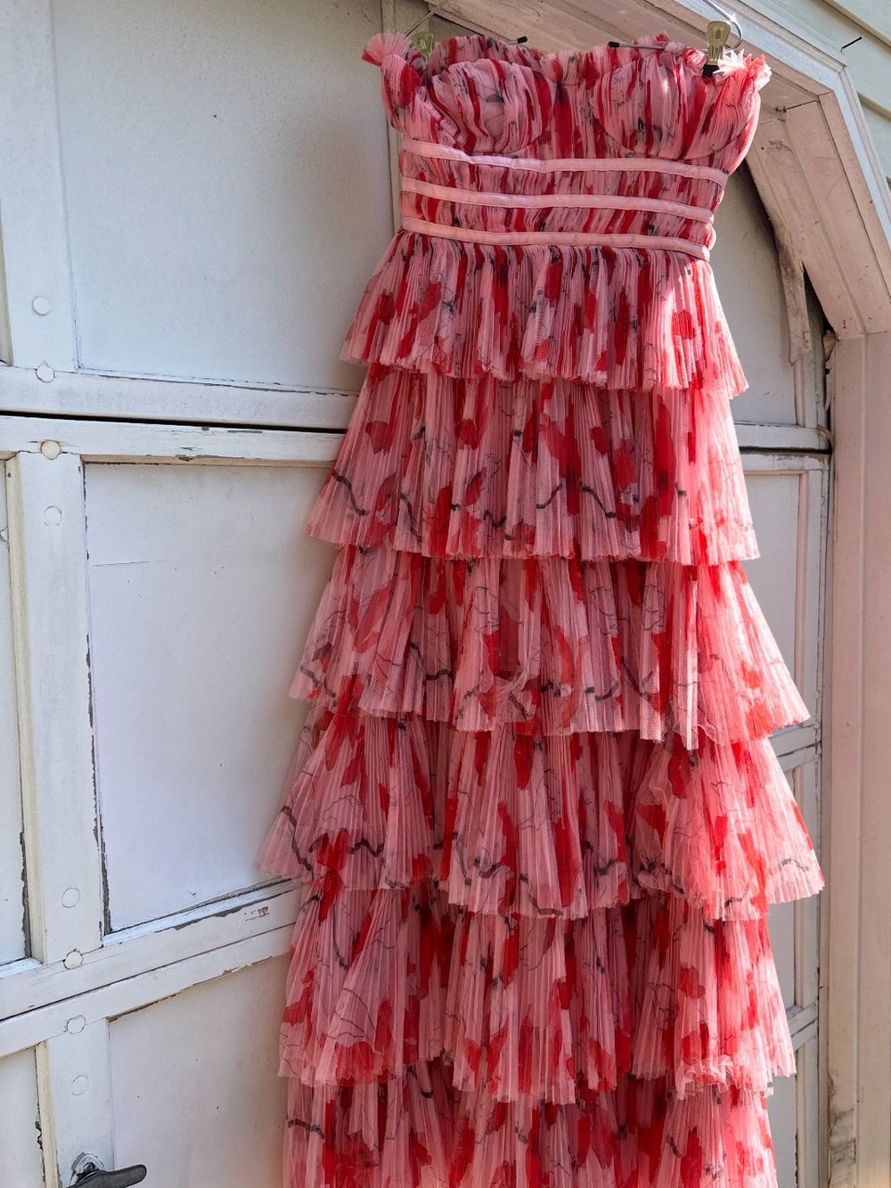 Hutch Monaco Strapless Pink Tiered Ruffle Maxi Dress with Waist Detailing - Picture 3 of 3